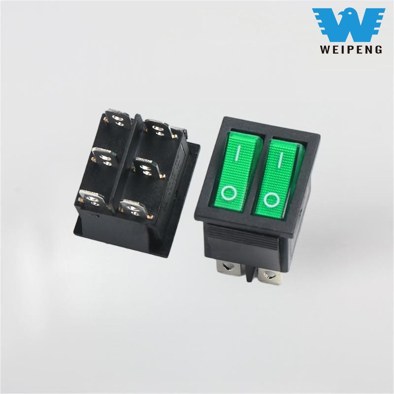 KCD4 Double-Pole 2-Position 6-Pin Rocker Switch သည် အစိမ်းရောင်အလင်းဖြင့်