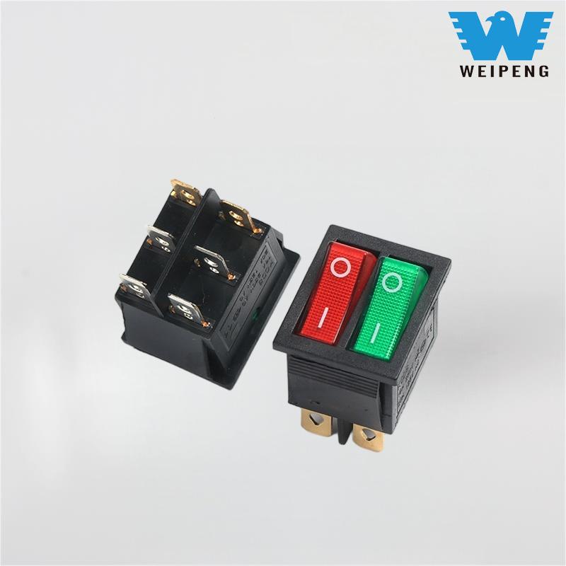 Kcd4 နှစ်ထပ် Rocker Boat-shaped Switch Dpdt 6-Pin ကို အနီရောင်နှင့် အစိမ်းရောင်မီးများ