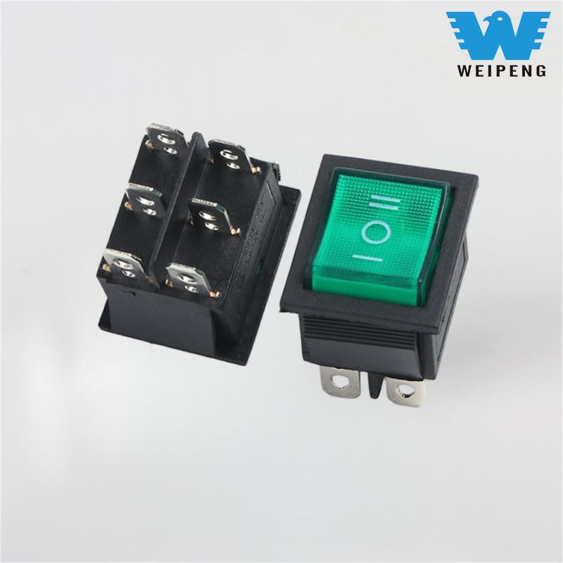 KCD4 အစိမ်းရောင်အလင်းပေးထားသော 3-Position 6-Pin 16A Rocker Switch